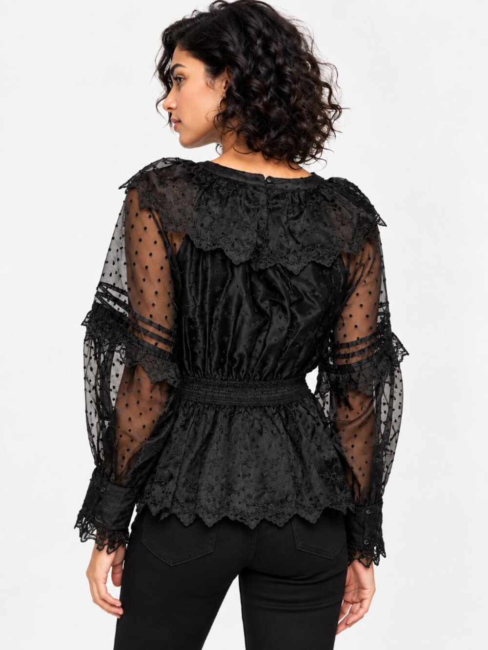 TOPSHOP Black Dobby Satin Shirred Waist Ruffle Sleeve Blouse US 10 NWOT - Picture 2 of 7